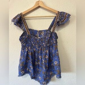 Free People Blue Floral Smocked Camisole with Ruffle Straps